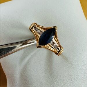 10K Yellow Gold Vintage Marquise Sapphire & Diamond Ring Elegant Split Design